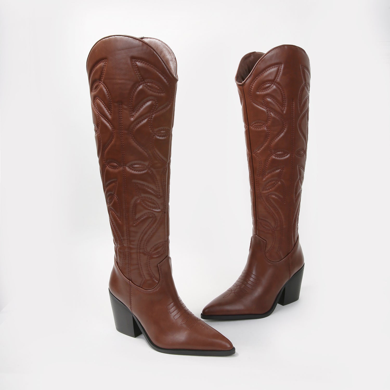 Anniston Embossed Stitching Western Knee-High Boots