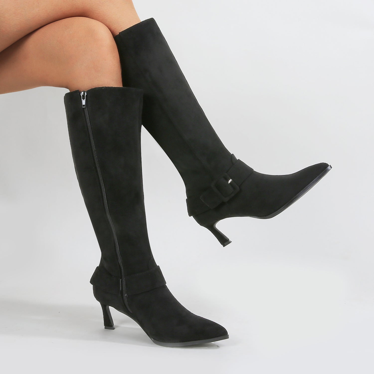 Aston Knee-High Suede Boots with Oversized Buckle Detail
