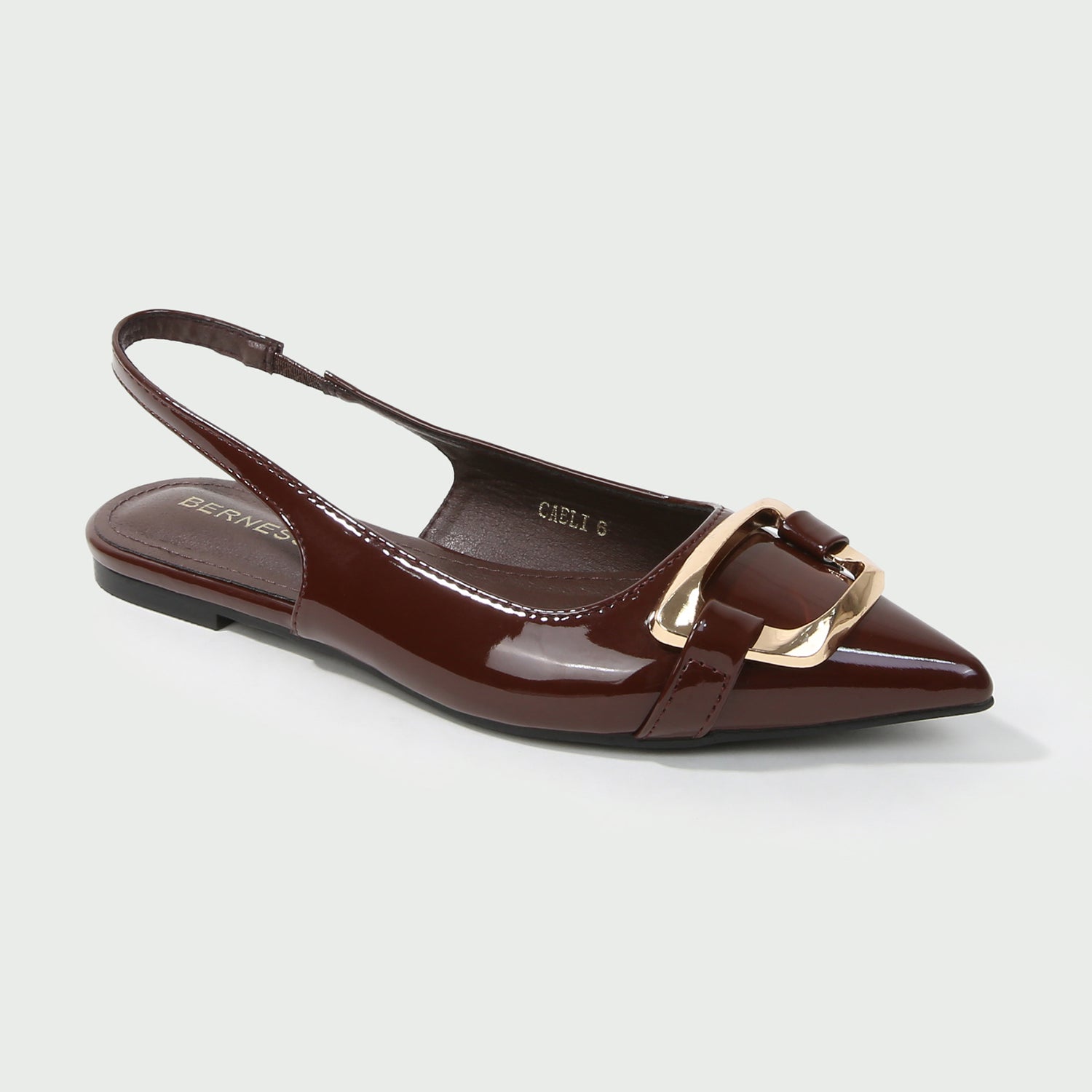 Caeli Patent Slingback Flats with Gold Oversized Buckle