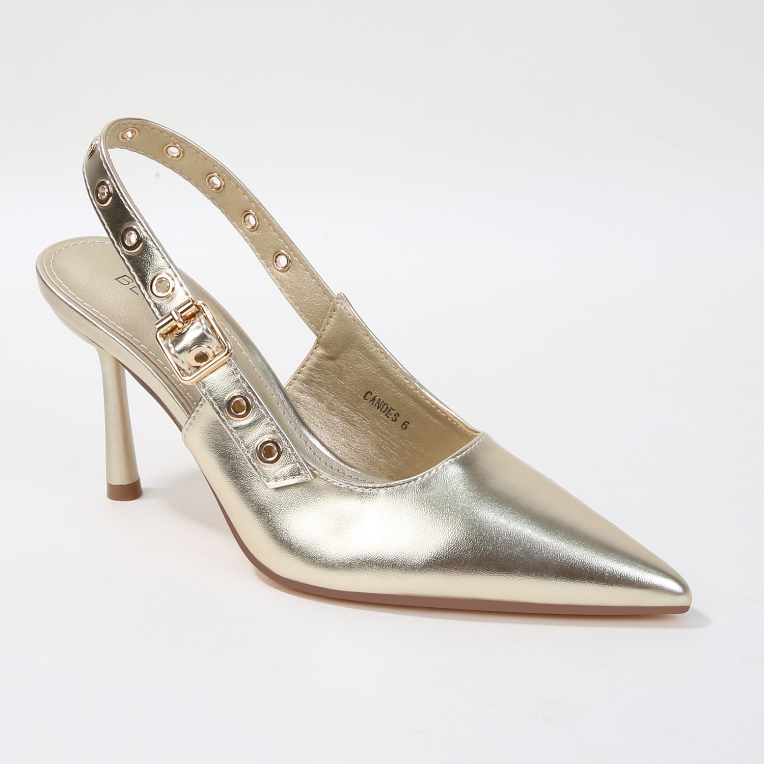 Candes Patent Grommet Strap Slingback Heels