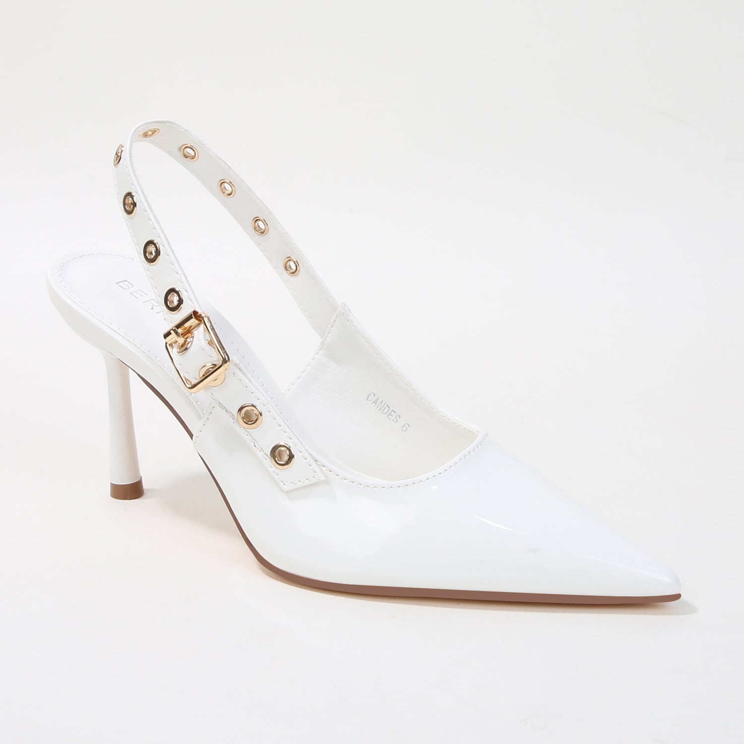 Candes Patent Grommet Strap Slingback Heels