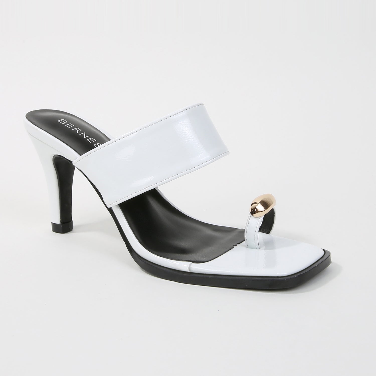 Catha Patent Wide Strap Slide Heels with Metallic Toe Ring