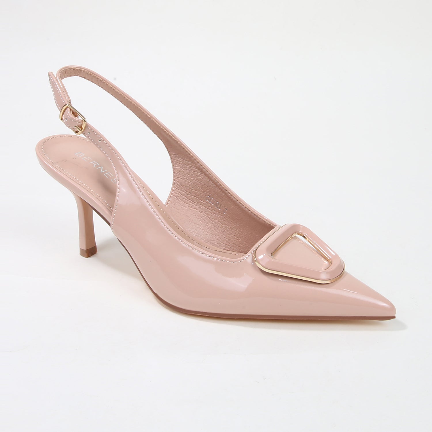 Ceira Patent Slingback Pump Heels with Metallic Trapezoid Accent