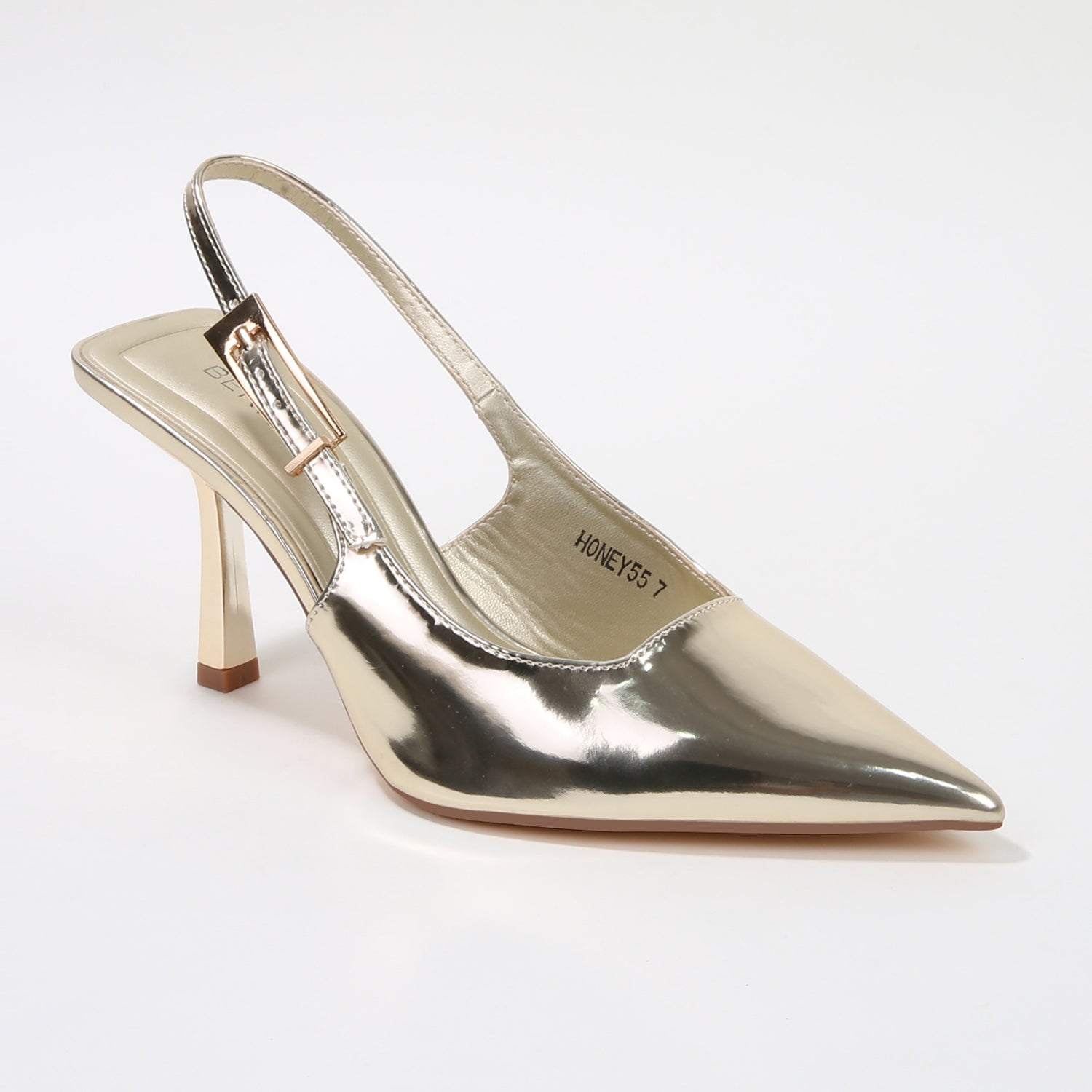 Honey Glossy Slingback Heels with Gold Buckle Detail
