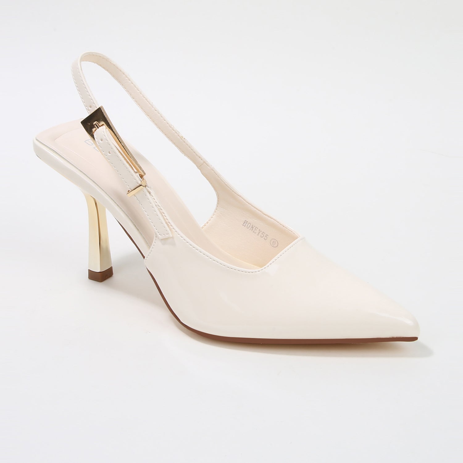 Honey Glossy Slingback Heels with Gold Buckle Detail