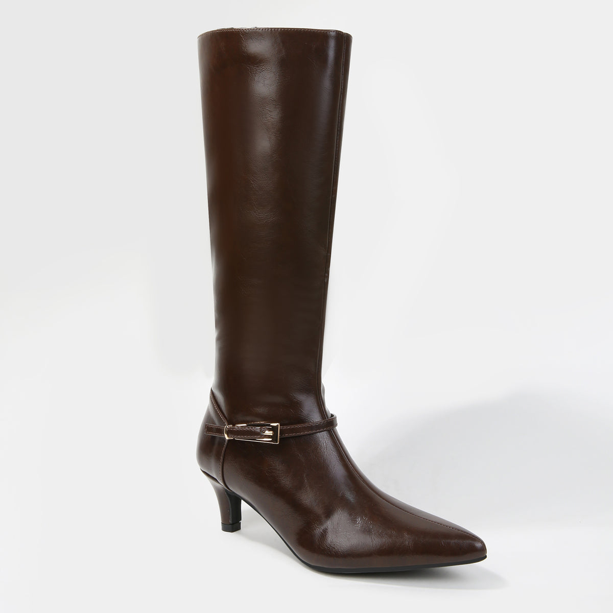 Margot Buckle Pointed Toe Kitten Heel Knee-High Boots