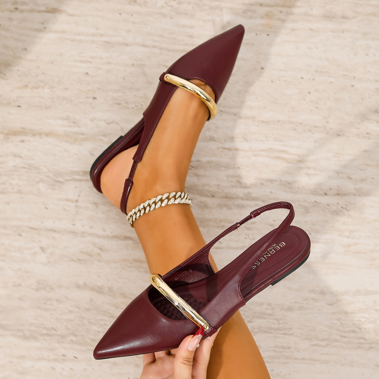 Reina Faux Leather Slingback Flats with Gold Bar Detail