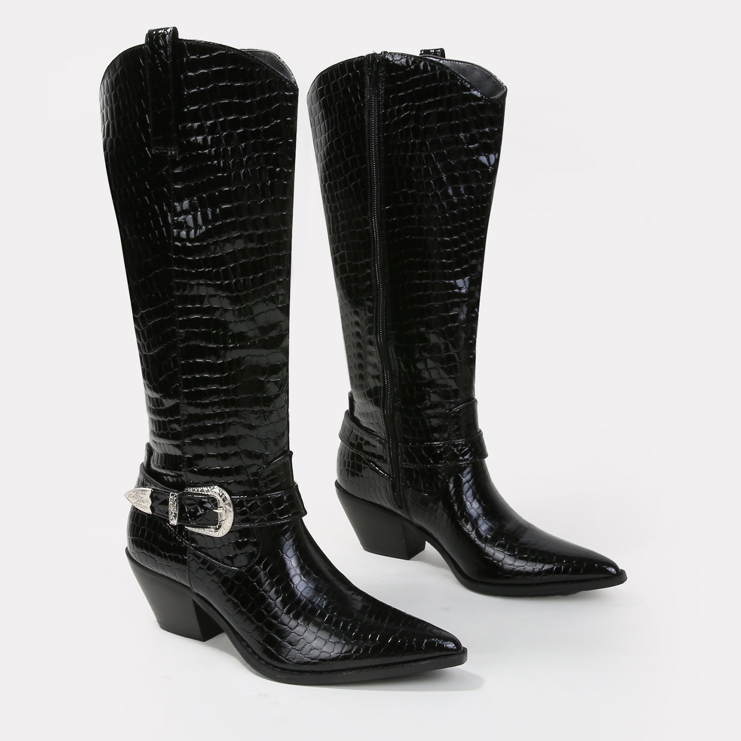 Tristen Glossy Croc-Print Buckle Cowboy Boots